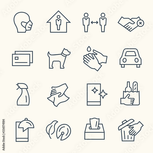 COVID-19, Coronavirus spreading prevention line vector icons
