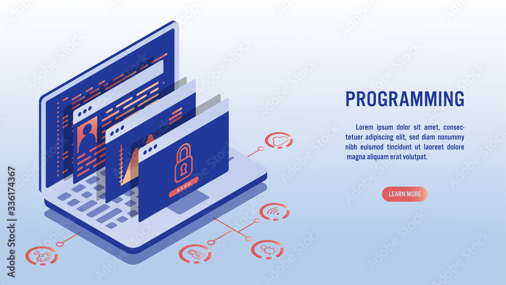 Software development , Coding , Programming and Mobile application concept. Programming language coding on screen mobile and User interface and related icon. Isometric vector illustration.