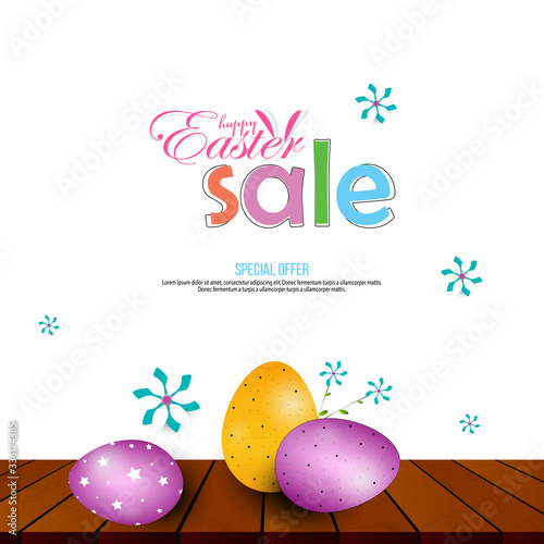 Happy Easter Poster and template with Easter eggs in the nest and flower on wood table background. Easter Day.Promotion and shopping template for Easter Day.Vector
