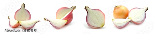 Red and gold onions isolated on white background. Collection.