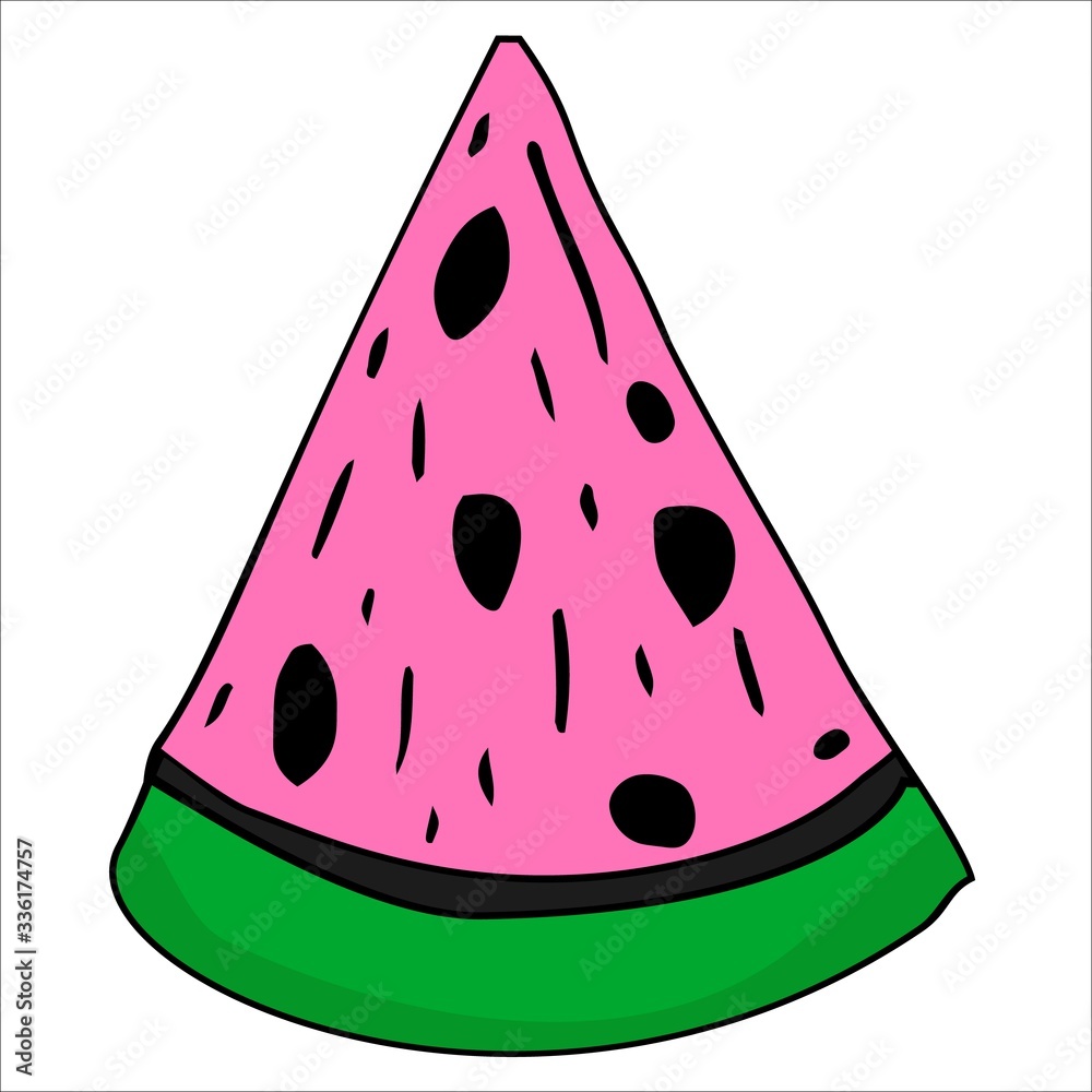 color watermelon slice with seeds and bite closeup isolated on white background. Hand painting on paper color watermelon slice with seeds and bite closeup isolated on white background. Hand painting on paper