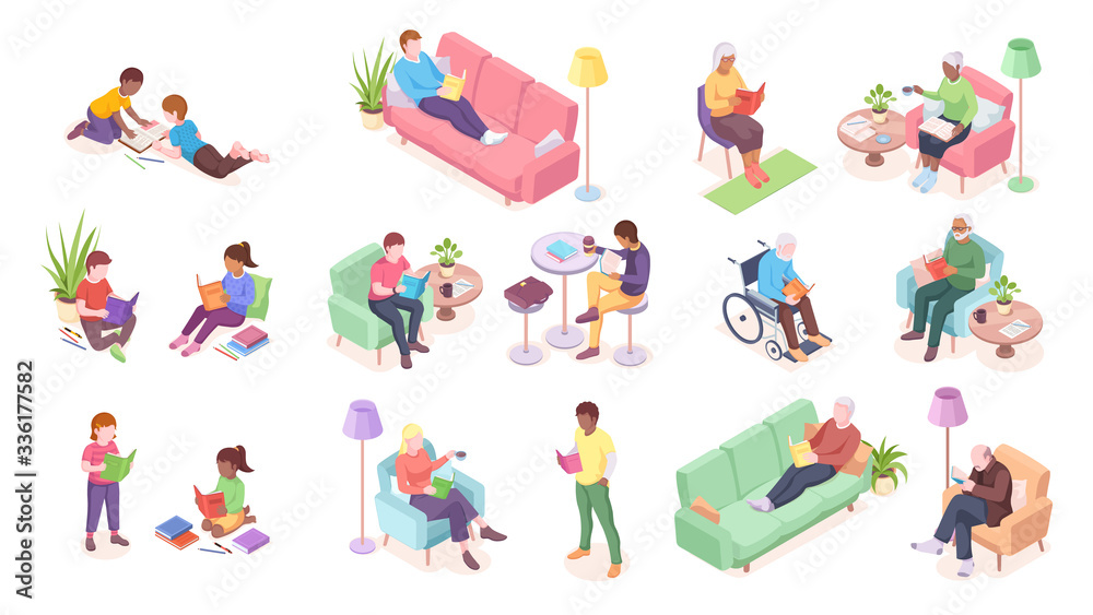 Set of old and young, adult people reading. Children sitting and male lying on sofa, disabled man at wheelchair. Education and literature, reading vector sign design. Isometric people, character