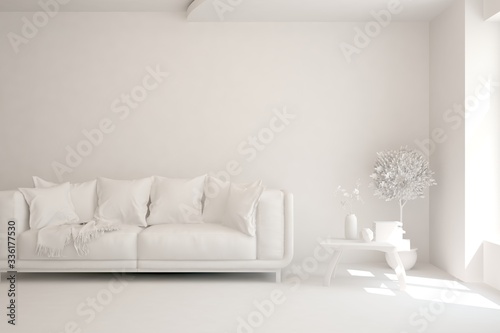 White minimalist living room with sofa. Scandinavian interior design. 3D illustration