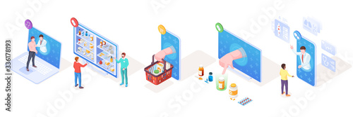 Set of isometric vector signs for online medical support and pharmacy, drugs delivery and doctor consultation or diagnosis. Smartphone use for medicine, prescription.Illustration design for healthcare