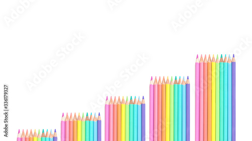 Pattern of sets of colored pastel pencils isolated on white. Bright tender multicolored back to school or growth concept flat lay banner with copy space, education or office stationery for designers © taniasv