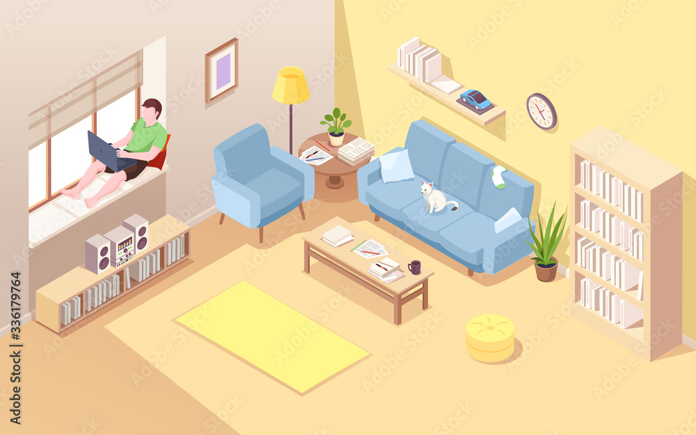 Freelancer on windowsill using notebook for doing remote job. Isometric vector living room with man near window working at laptop. Home office for male business concept. Comfortable workplace
