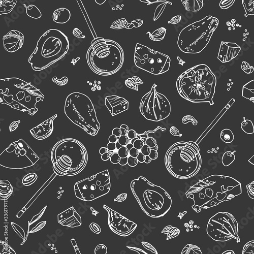 Hand-drawn healthy food pattern. Avocado, grape, lemon, nuts, paper, cheese, olives, figs, garlic, honey, spices background. Isolated vector illustration.