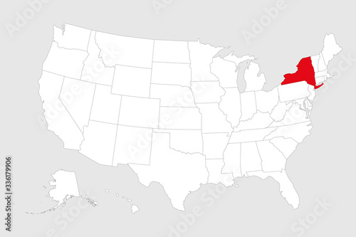 New york state highlighted on united states of america. Light gray background.