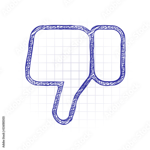 Hand with thumb down, dislike. Linear outline icon. Hand drawn sketched picture with scribble fill. Blue ink. Doodle on white background