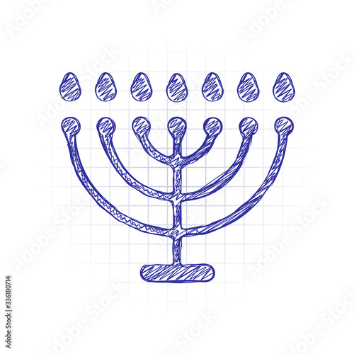 Hanukkah icon or menorah lamp. Outline Jewish Candles. Hand drawn sketched picture with scribble fill. Blue ink. Doodle on white background