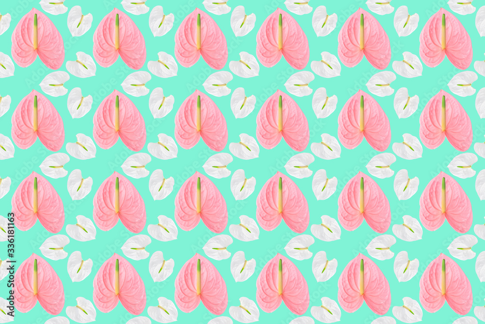 Pink and white flowers pattern on green background.