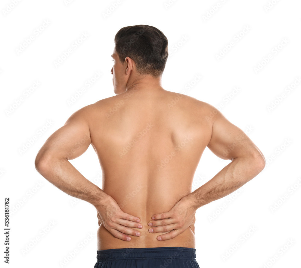 Man suffering from lower back pain on white background. Visiting orthopedist Man suffering from lower back pain on white background. Visiting orthopedist