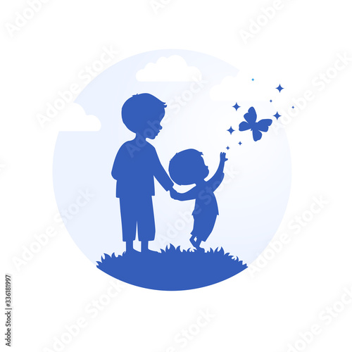 two children hand in hand, silhouette vector