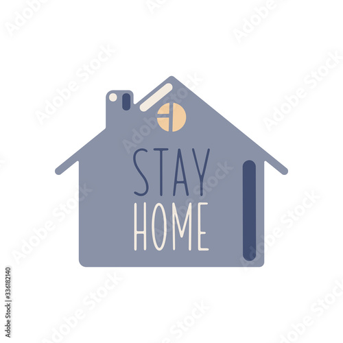 Vector illustration with blue home. Stay home. Isolation period. Flat vector cartoon illustration isolated on white background. Coronavirus pandemic self isolation concept