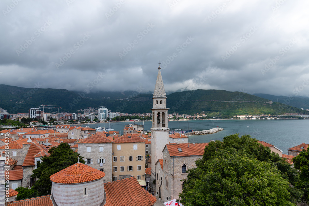 Old city in Budva in cloudy weather.