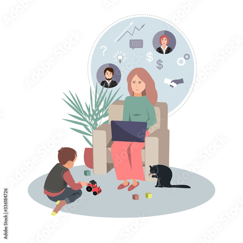 Businesswoman in home clothes working from home using laptop computer and her little son playing on the floor. Covid or coronavirus quarantine concept, self isolation. Vector illustration