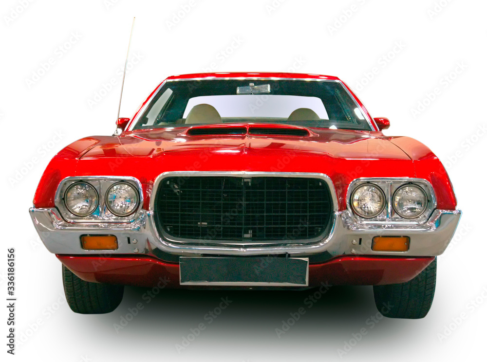 1970's American vintage Sports car. White background.. Front view.