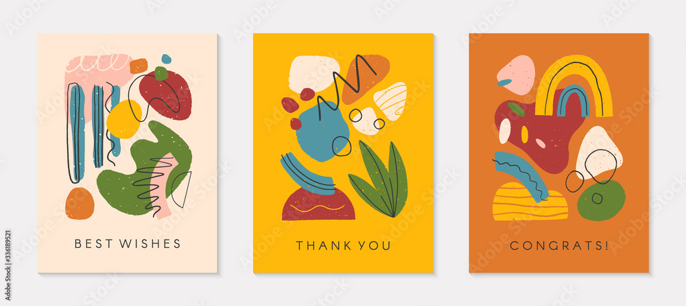 Fototapeta premium Bundle of creative universal artistic cards.Modern vector illustrations with hand drawn organic shapes and textures.Trendy contemporary design for prints,flyers,banners,brochures,invitations,covers.