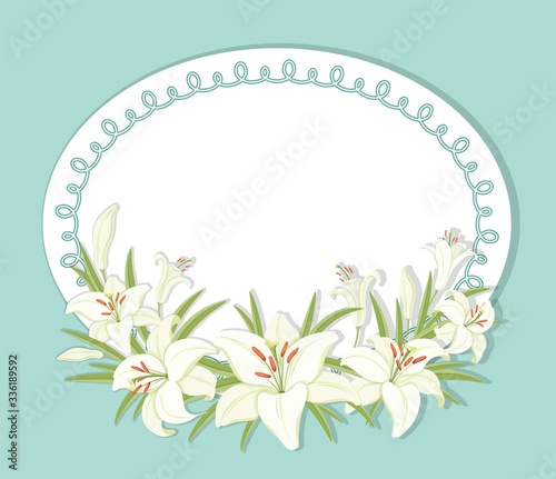 Floral background. Round frame decorated with white lilies flowers. White lilies with green foliage. Template for greeting cards, invitations. Empty space for your text. Vector illustration
