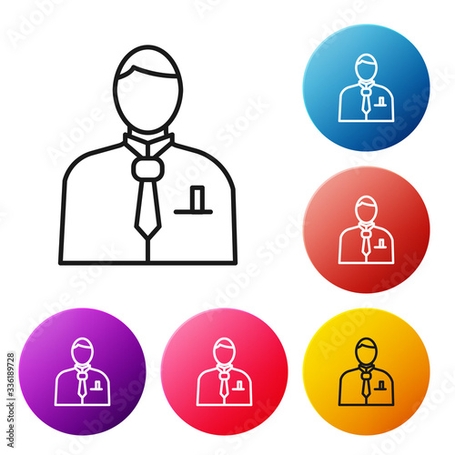 Black line Businessman or stock market trader icon isolated on white background. Set icons colorful circle buttons. Vector Illustration
