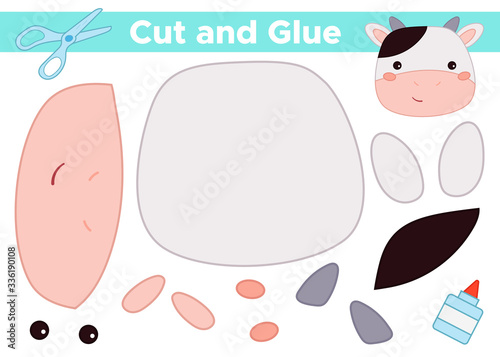 Educational paper game for preschool kids. Use scissors and glue create funny kawaii cow. Activity worksheet. Farm animals.