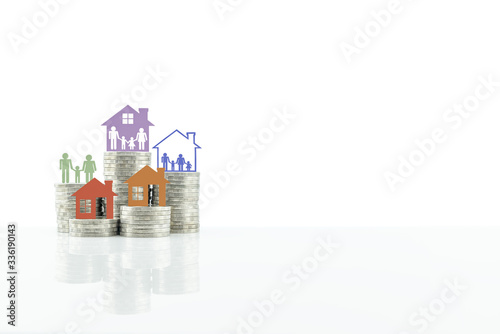 Fotografie Cost of living, home loan, family finance and child trust fund concept : Parent with children, model house on rows of rising coins, depict human basic needs to protect / secure life