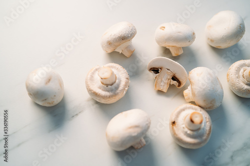 Set of fresh whole and sliced champignon mushrooms isolated on white stone background. Top view