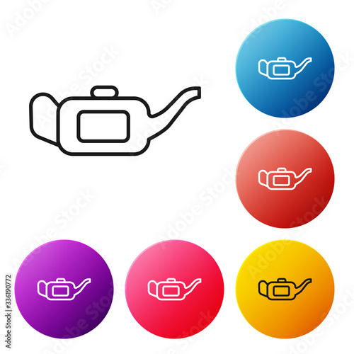 Black line Canister for motor machine oil icon isolated on white background. Oil gallon. Oil change service and repair. Set icons colorful circle buttons. Vector Illustration