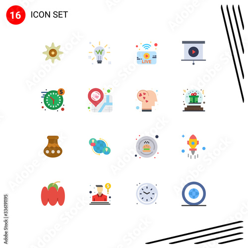 Group of 16 Modern Flat Colors Set for time, dollar, broadcasting, clock, business photo