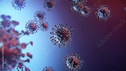 Corona Virus COVID-19 medical animation with realistic virus model. Microscope close up 3D rendering of SARS-CoV-2, responsible for pandemic