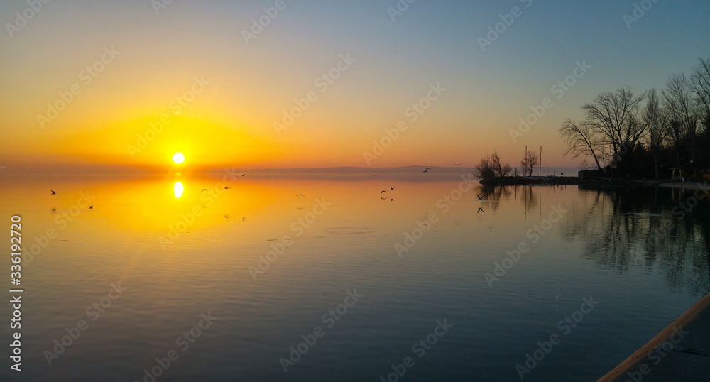 Beautiful sunset over a lake, with flying birds and calm, smooth water, and the pier and some trees. 

