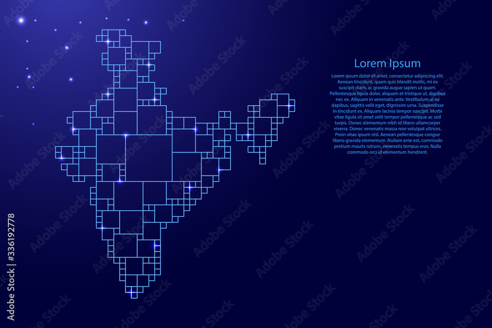 India map from blue pattern from a grid of squares of different sizes and glowing space stars. Vector illustration.