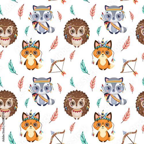 Cute boho animals and feathers pattern
