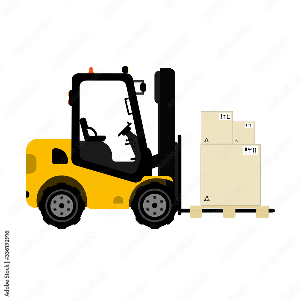 Isolated forklift with pallet and boxes on it. Flat vector illustration.