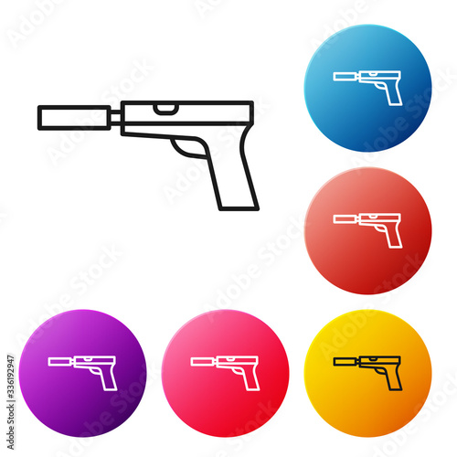 Black line Pistol or gun with silencer icon isolated on white background. Set icons colorful circle buttons. Vector Illustration