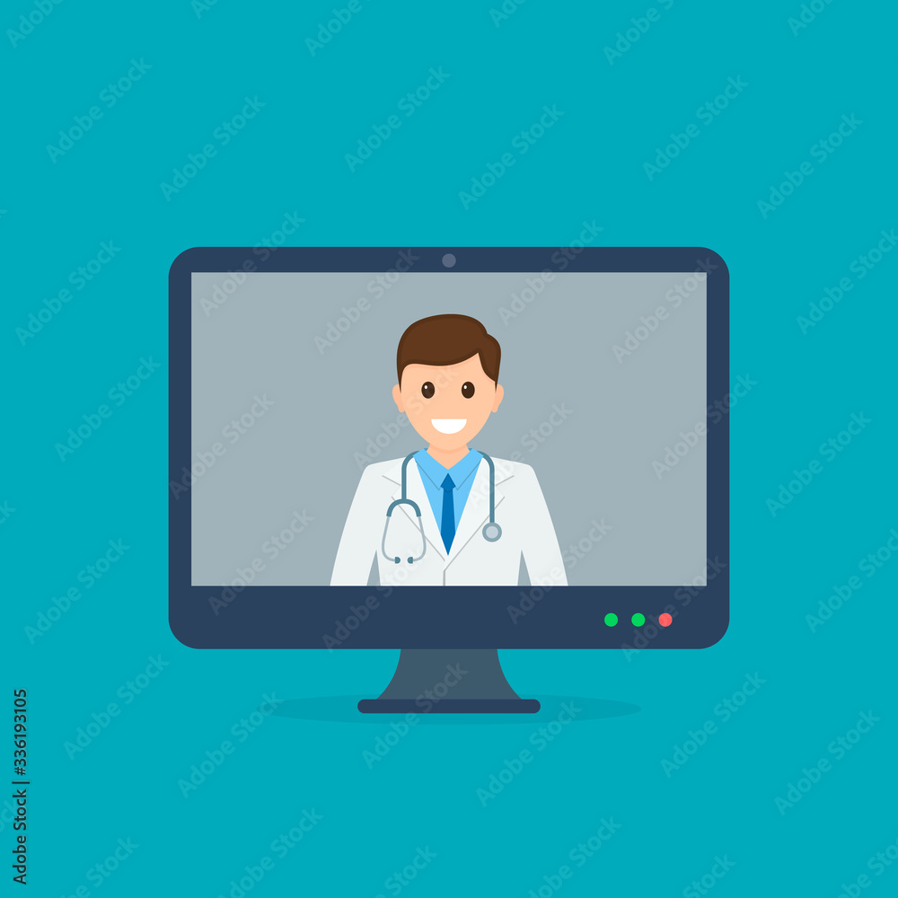Online doctor. Online medical consultation and support. Vector illustration in flat style Online doctor. Online medical consultation and support. Vector illustration in flat style