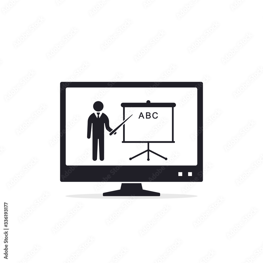 Online education icon, Computer monitor with teacher and blackboard, flat style vector illustration Online education icon, Computer monitor with teacher and blackboard, flat style vector illustration