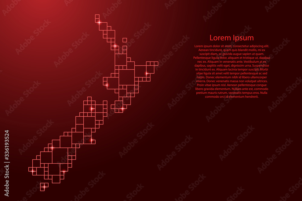 New Zealand map from red pattern from a grid of squares of different sizes . Vector illustration.