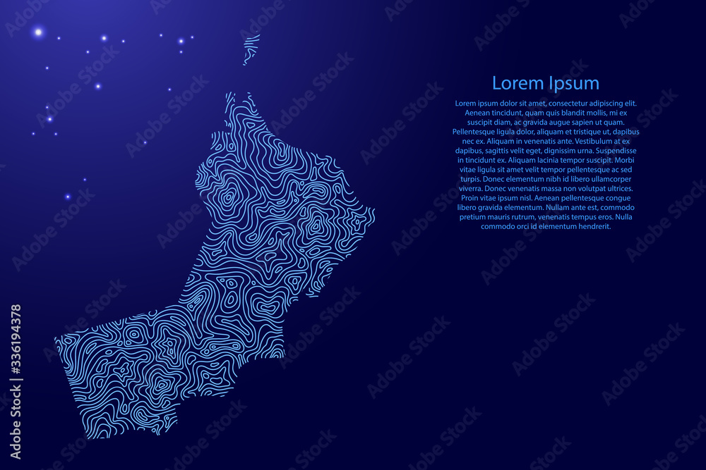Oman map from blue isolines or level line geographic topographic map grid and glowing space stars. Vector illustration.