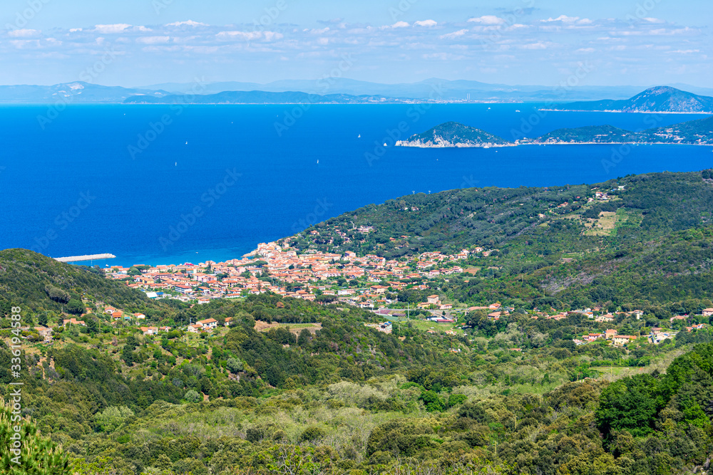Marciana Marina view from the top of Capanne Mountain in Elba Island, Tuscany, Italy.