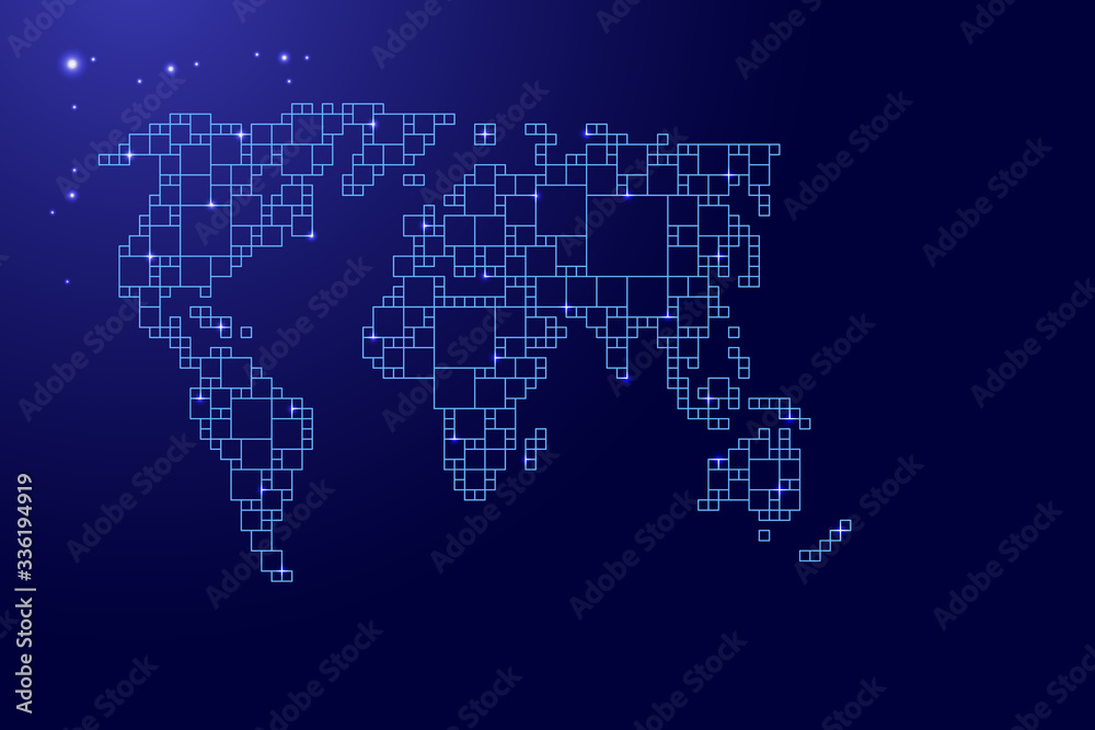 World map map from blue pattern from a grid of squares of different sizes and glowing space stars. Vector illustration. World map map from blue pattern from a grid of squares of different sizes and glowing space stars. Vector illustration.