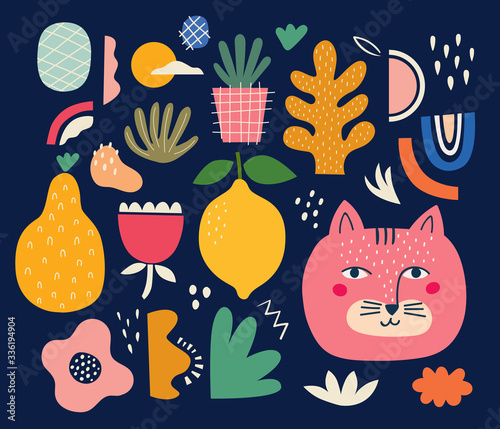 Cute spring pattern collection with cat. Decorative abstract horizontal banner with colorful doodles. Hand-drawn modern illustrations with cats, flowers, abstract elements. Abstract series
