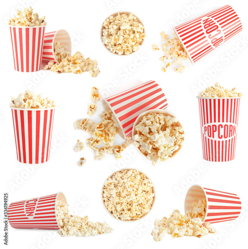 Set with buckets of tasty pop corn on white background