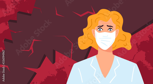 Woman in a face mask. Scared person vector illustration.