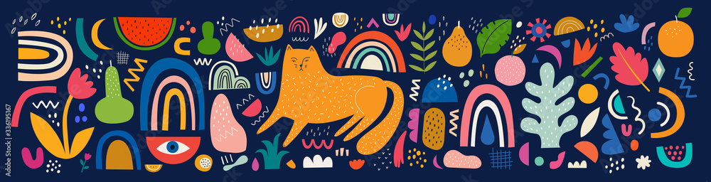 Cute spring pattern collection with cat. Decorative abstract horizontal banner with colorful doodles. Hand-drawn modern illustrations with cats, flowers, abstract elements. Abstract series - obrazy, fototapety, plakaty 
