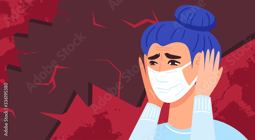 Woman in a face mask. Scared person vector illustration.
