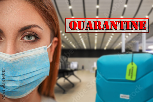 Stop travelling during coronavirus quarantine. Woman with medical mask in airport photo