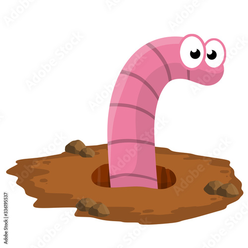 Worm in hole. Cute little character. Brown landscape. Children's flat drawing. Pink insect in nature