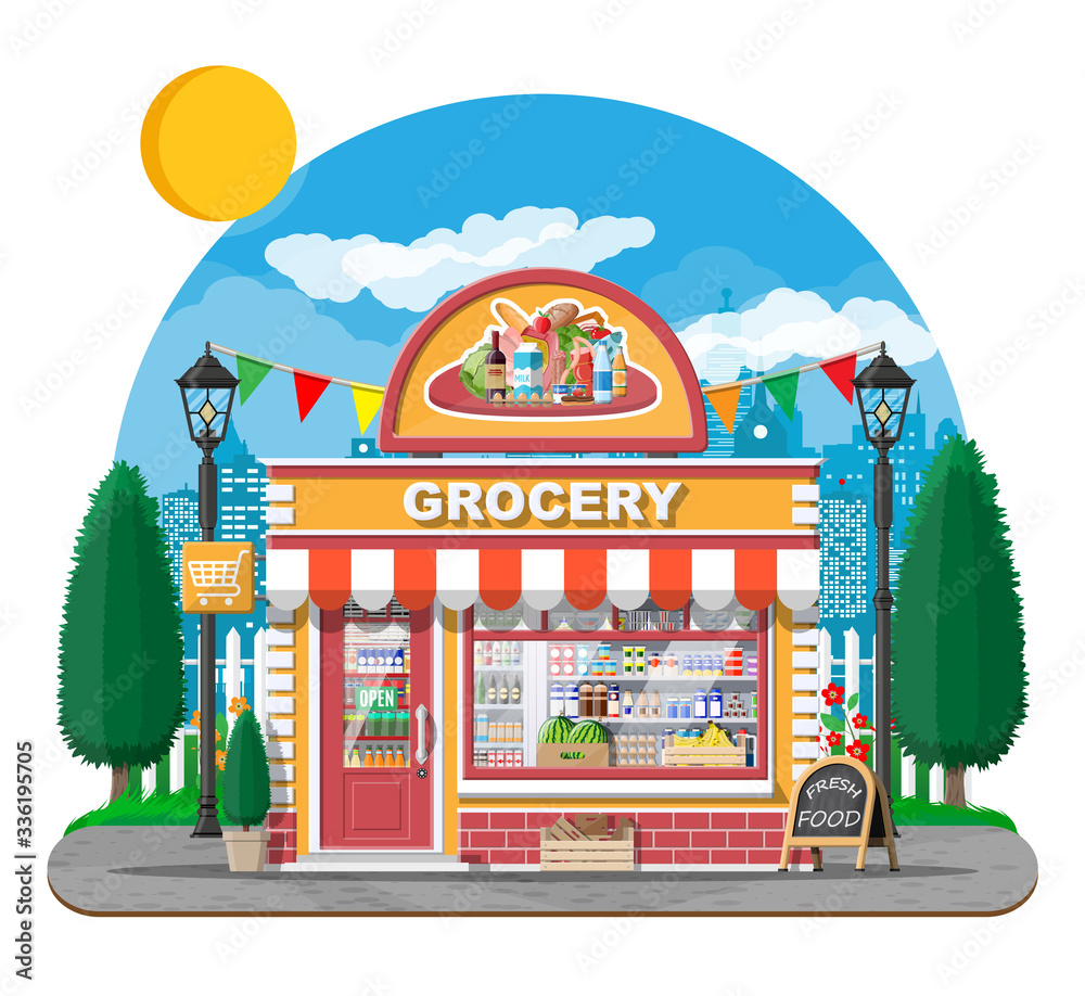 Grocery store front with window and door. Wooden and brick facade. Glass showcase of boutique. Small european style shop exterior. Commercial, property, market or supermarket. Flat vector illustration Grocery store front with window and door. Wooden and brick facade. Glass showcase of boutique. Small european style shop exterior. Commercial, property, market or supermarket. Flat vector illustration