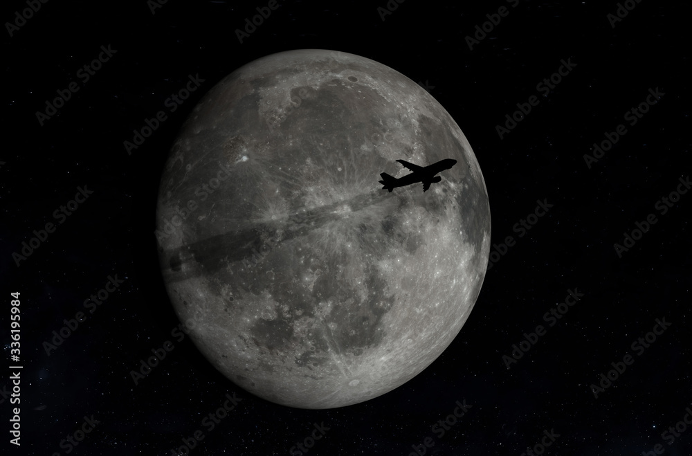Naklejka premium Airplane flying across a full moon.